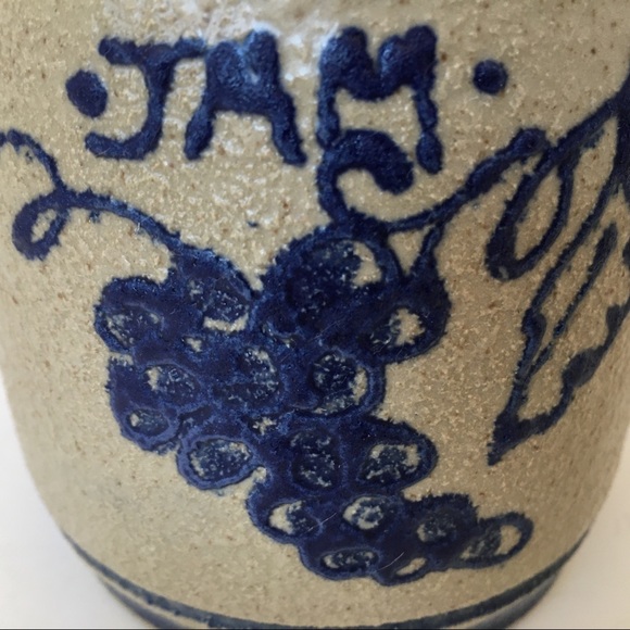 Salt Glazed Jam Jar Cobalt Blue stripes Beige Lid pottery Spoon Grapes vintage - Picture 15 of 15